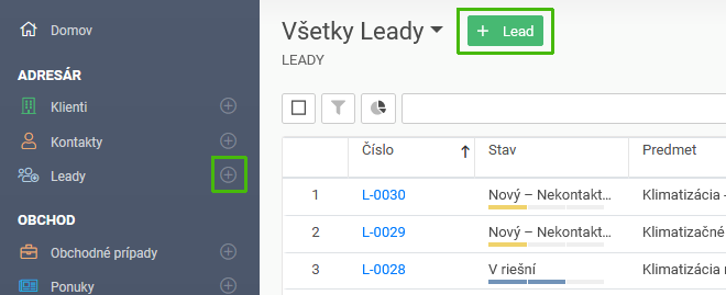 Založenie nového Leadu v Gram CRM