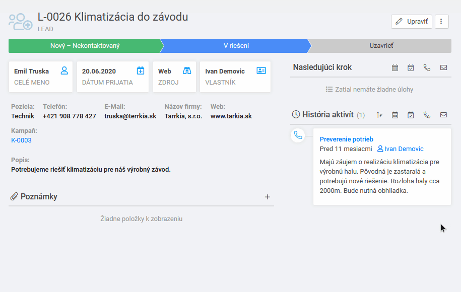 Preklopenie Leadu na Klienta a Kontakt