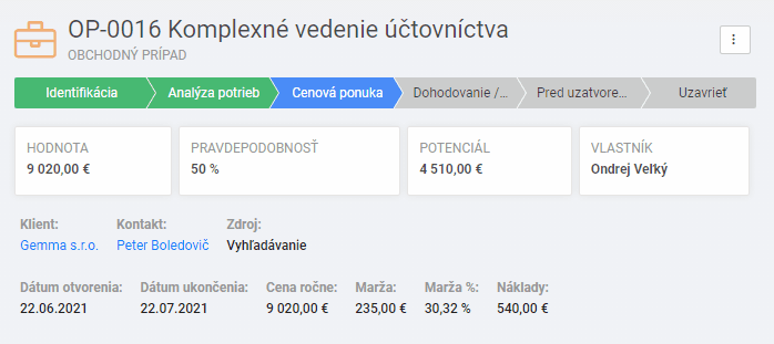 Ukážka vytvorenia zmluvy v CRM systéme Gram