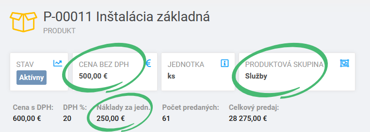 Základné hodnoty definované pri produkte.