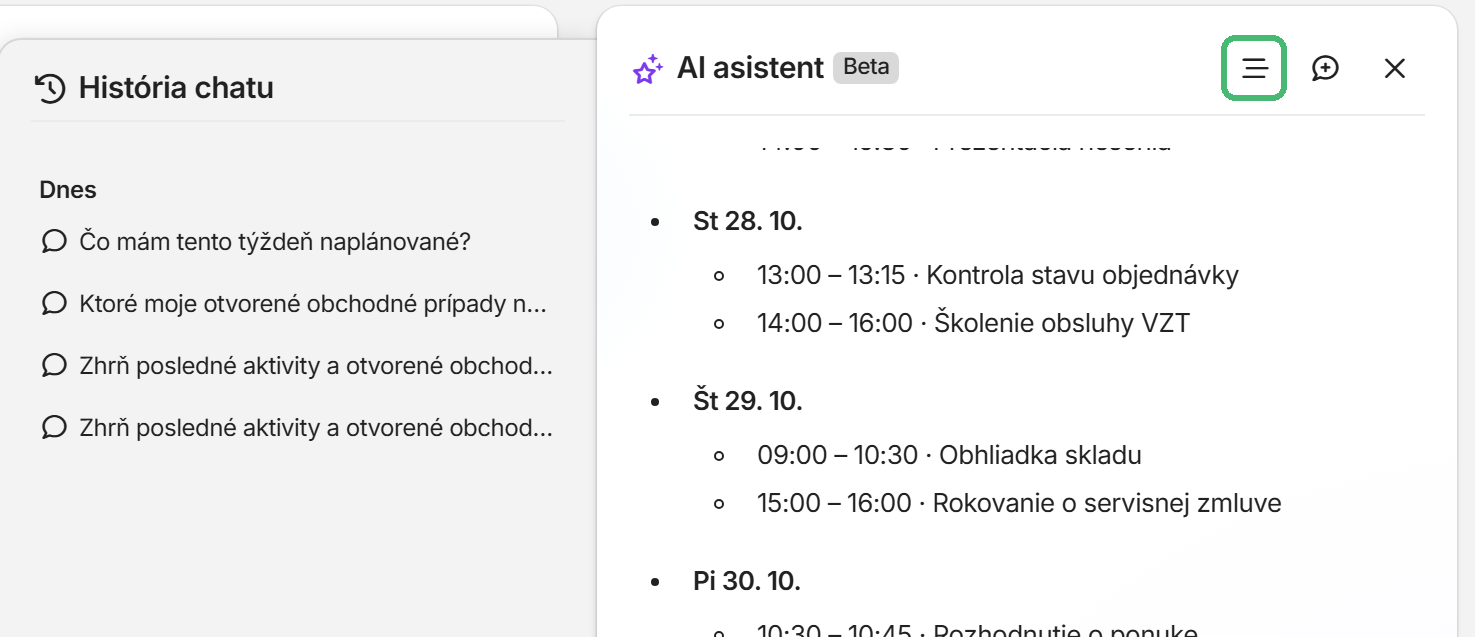 História chatu s predošlými konverzáciami s AI asistentom