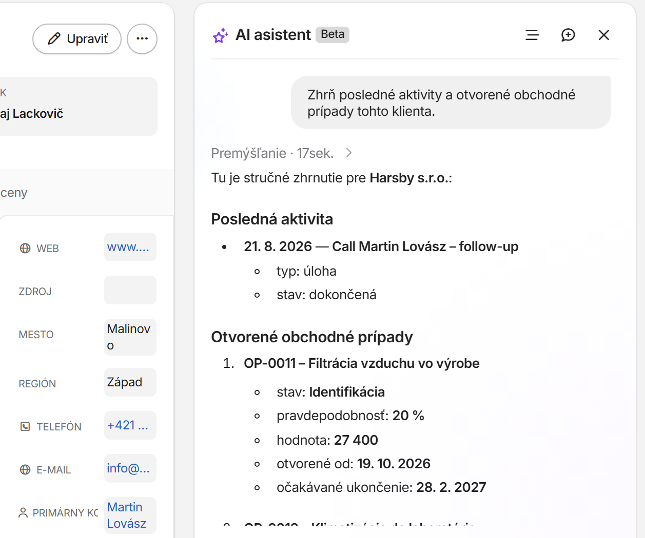 AI asistent zhŕňa posledné aktivity a otvorené obchodné prípady otvoreného klienta