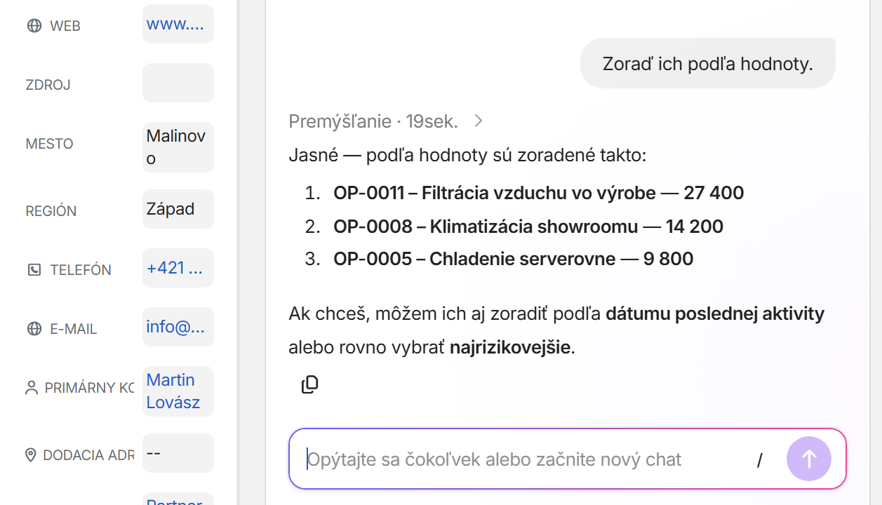 Nadväzujúca otázka Zoraď ich podľa hodnoty a odpoveď so zoradenými obchodnými prípadmi