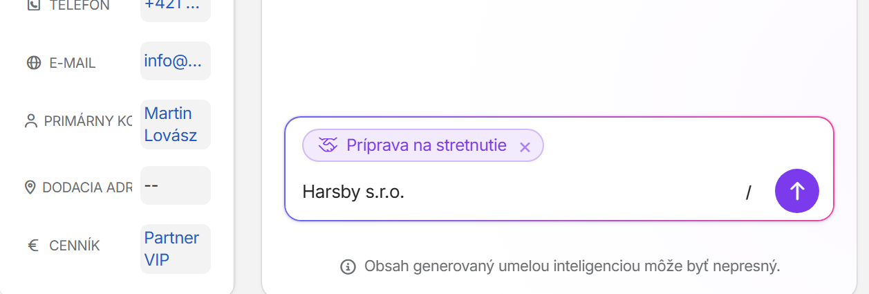 Vybraný prompt Príprava na stretnutie nad poľom na otázku s doplneným názvom klienta