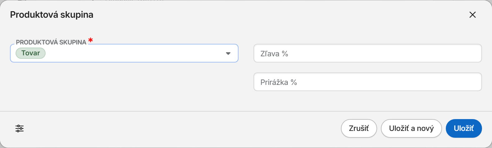 Pridanie produktovej skupiny do cenníka so zľavou alebo prirážkou