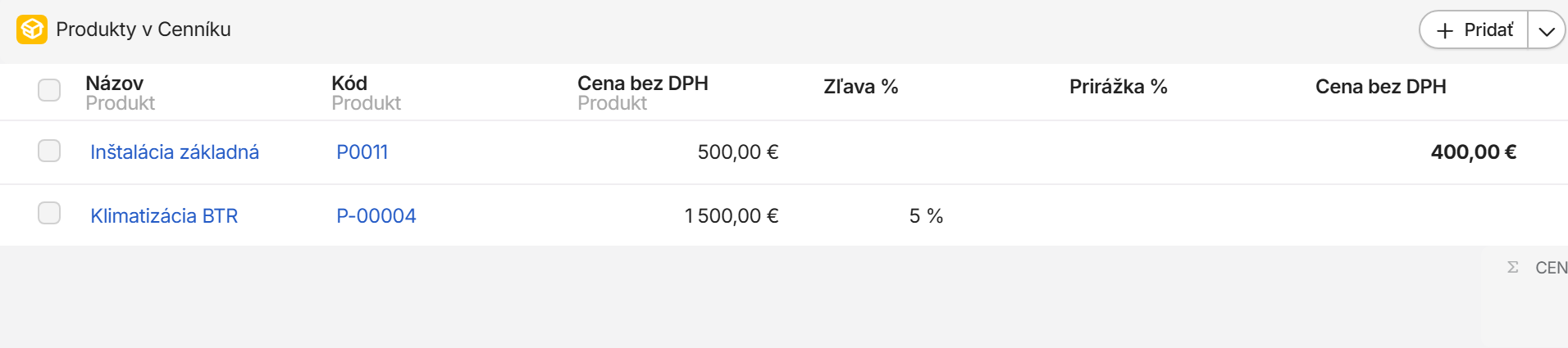 Produkty v cenníku: predajná cena produktu, zľava a cena v cenníku