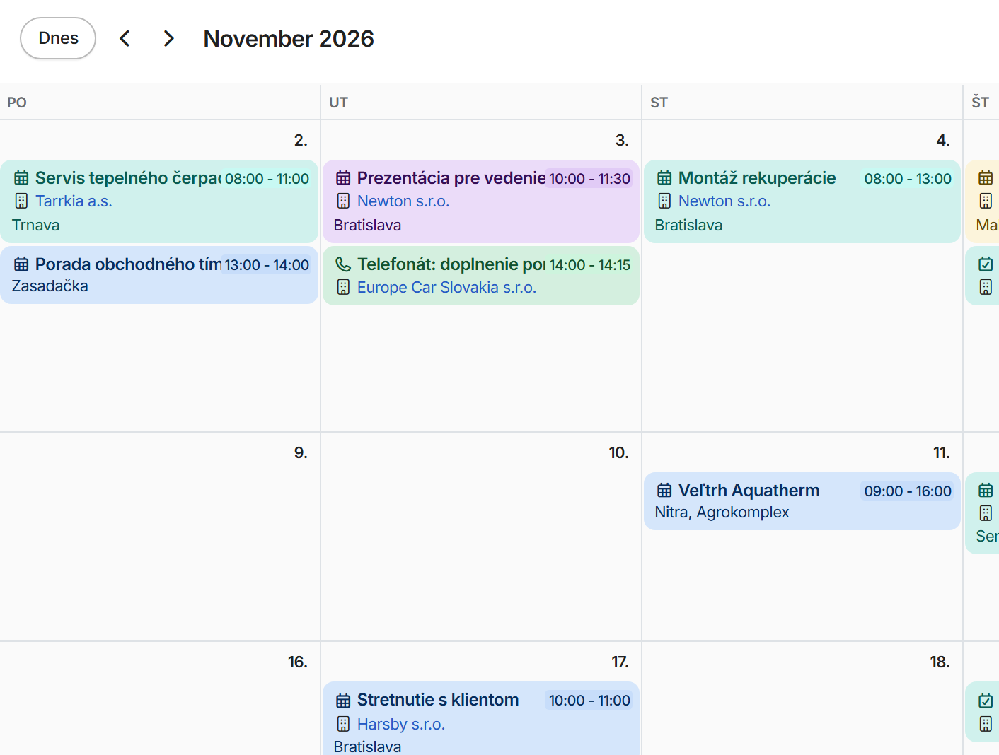 Zobrazenie Mesiac: novembrové stretnutia, montáže a servisy po dňoch