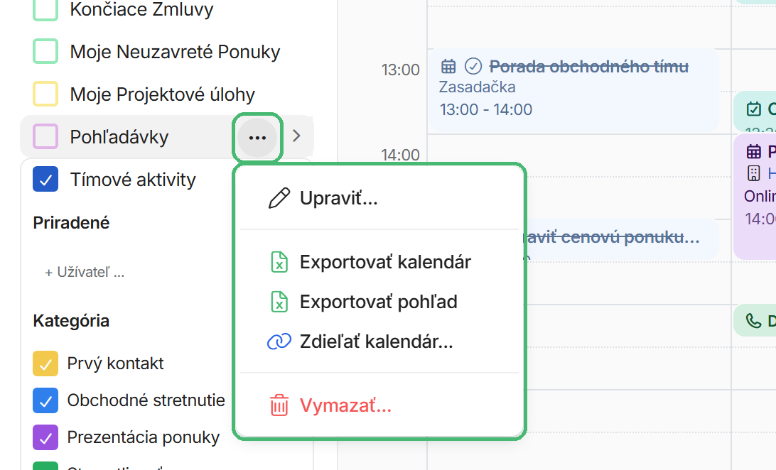 Ponuka kalendára Pohľadávky: Upraviť, Exportovať kalendár, Exportovať pohľad, Zdieľať kalendár a Vymazať
