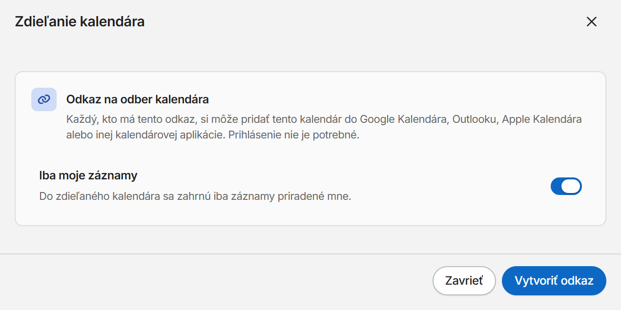 Okno Zdieľanie kalendára s prepínačom Iba moje záznamy a tlačidlom Vytvoriť odkaz