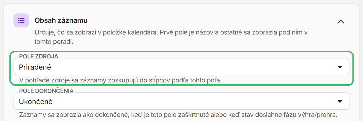 Karta Obsah záznamu v nastavení kalendára so zvýrazneným poľom Pole zdroja nastaveným na Priradené