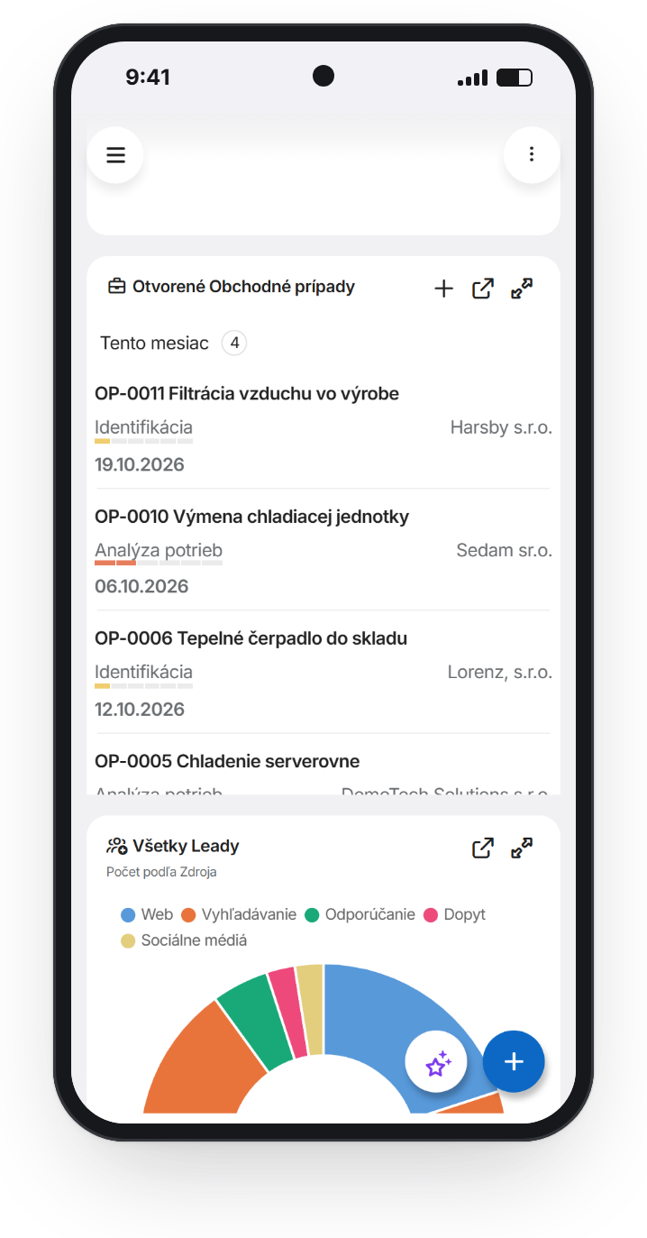 Nástenka v mobile: tabuľka otvorených obchodov a graf leadov