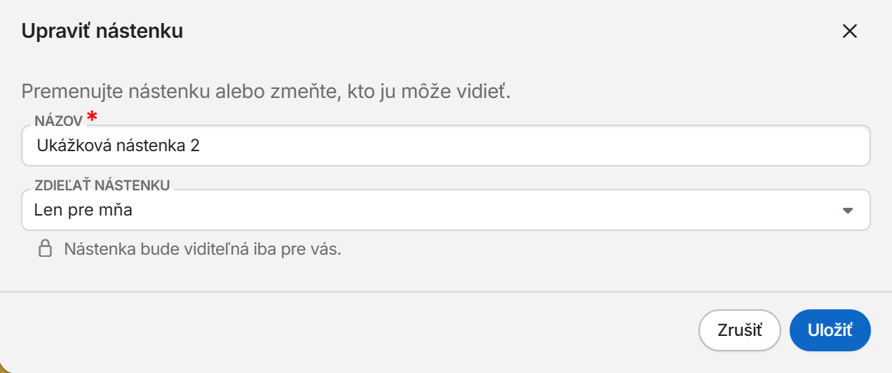 Okno Upraviť nástenku s poľami Názov a Zdieľať nástenku