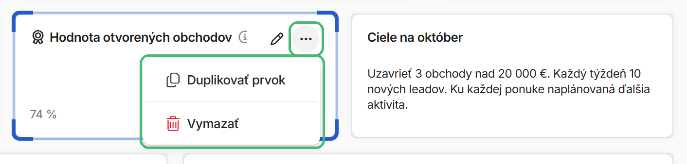 Ponuka prvku v režime rozloženia s položkami Duplikovať prvok a Vymazať