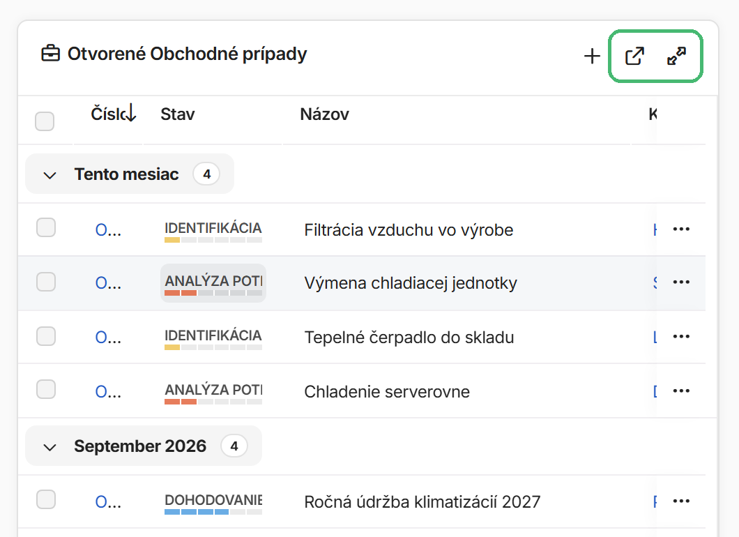 Prvok Pohľad so zvýraznenými tlačidlami Otvoriť a Maximalizovať