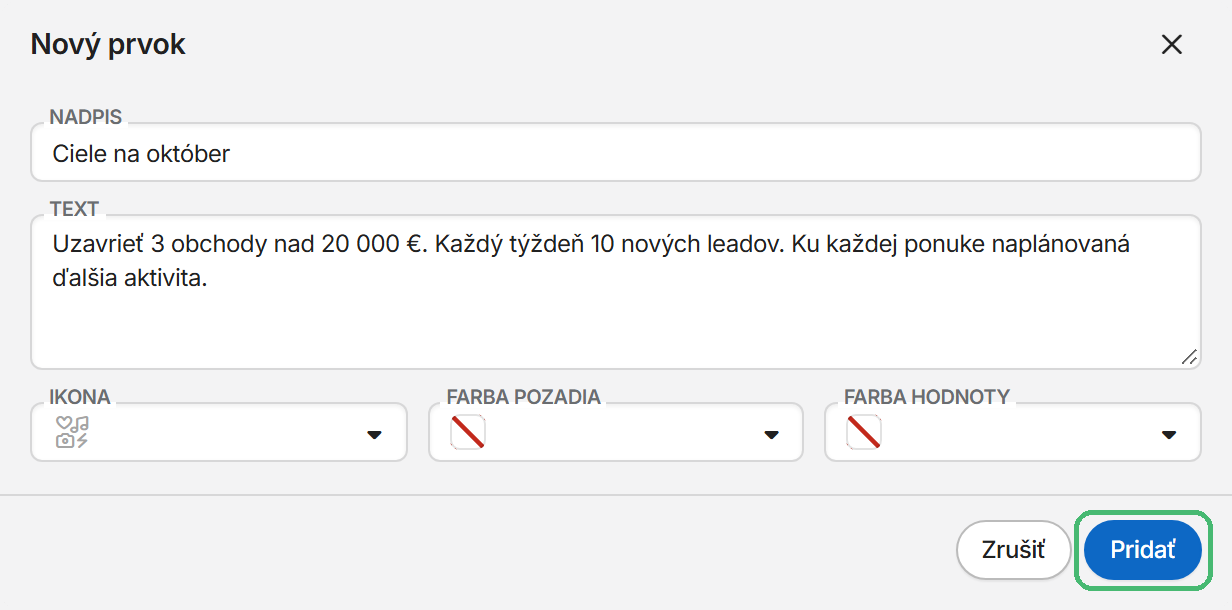 Okno Nový prvok pre text s nadpisom Ciele na október a textom