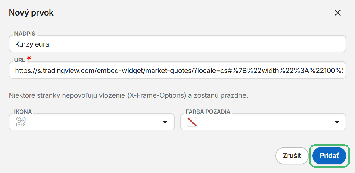 Okno Nový prvok pre webovú stránku s nadpisom Kurzy eura a adresou widgetu kurzov